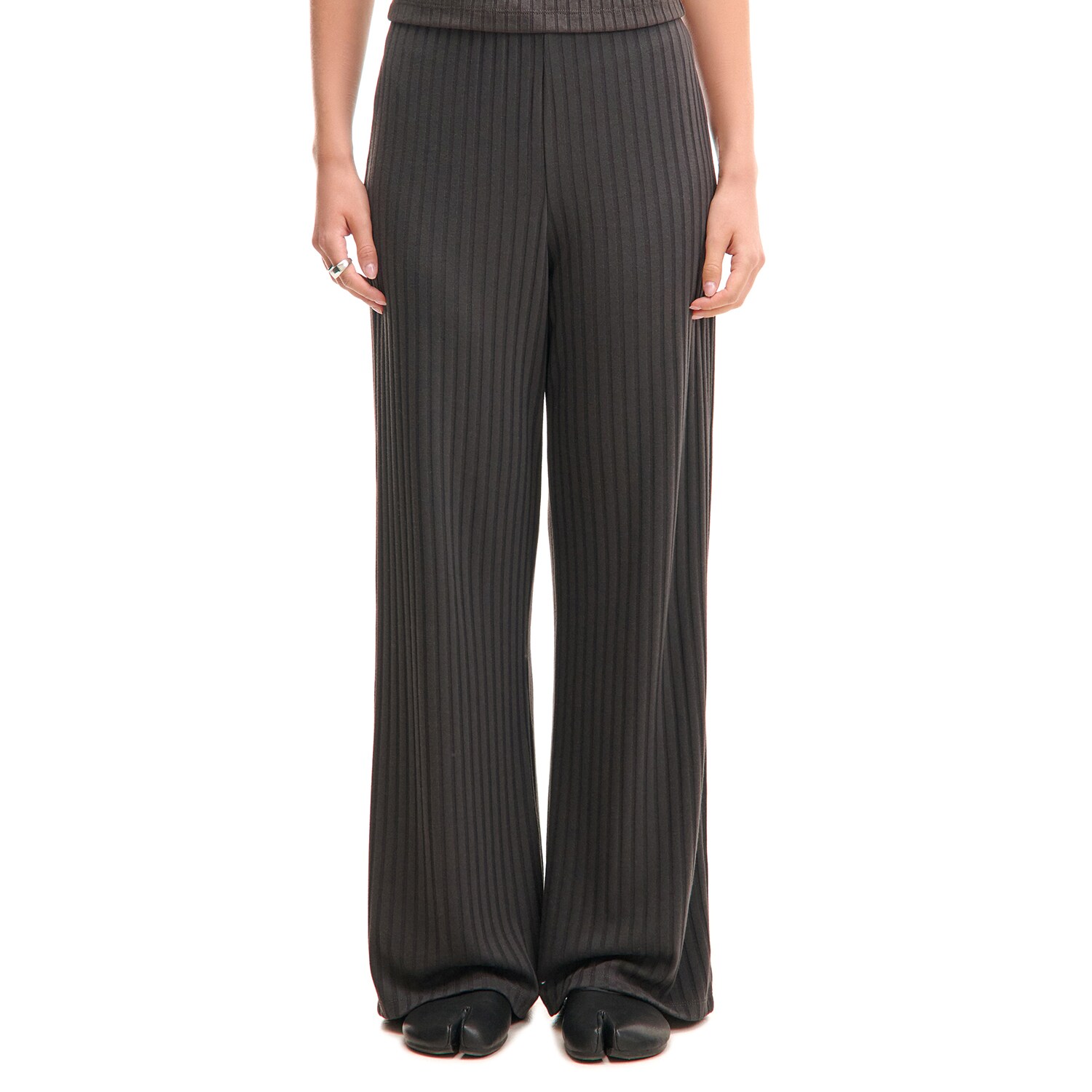 Cropp - Prążkowane dresy wide leg - szary