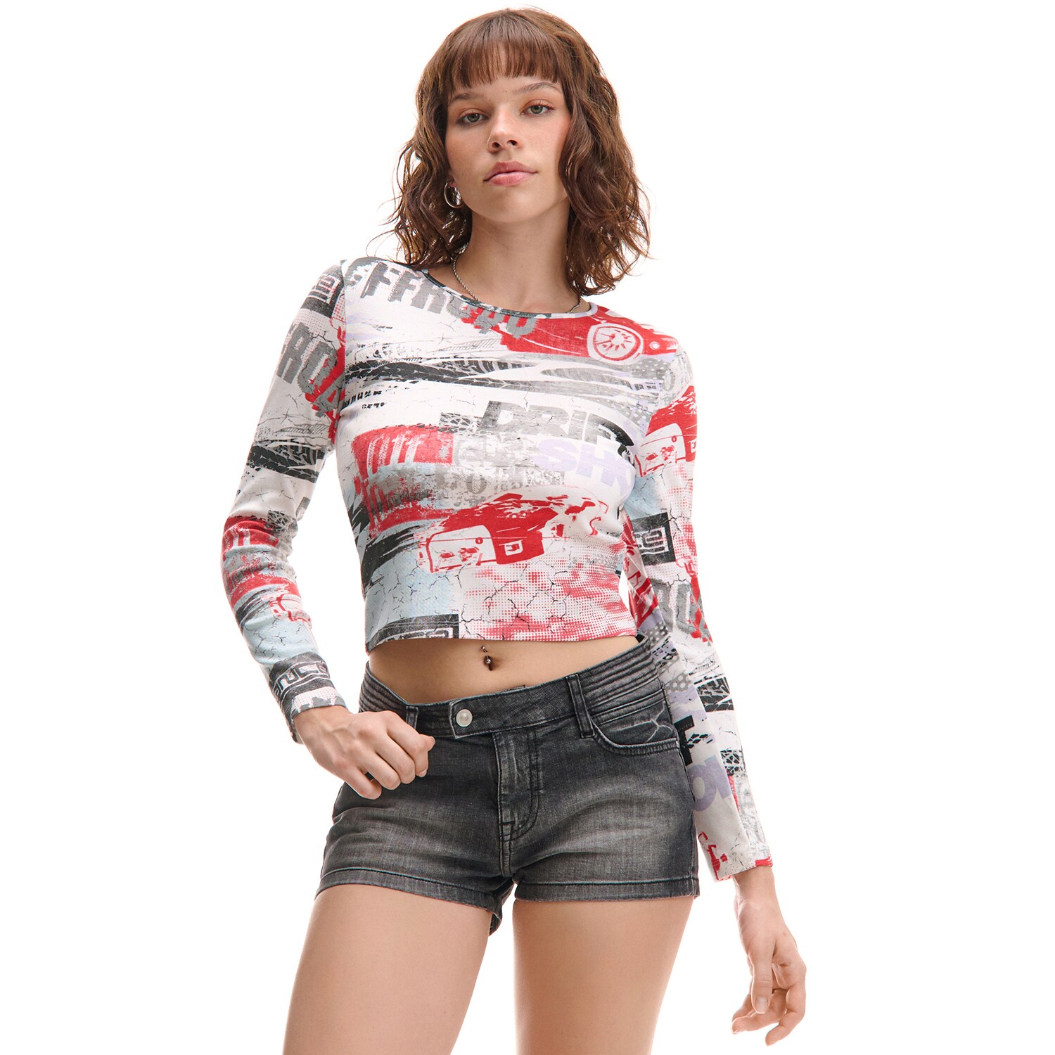 Cropp - Wzorzysty T-shirt longsleeve - wielobarwny