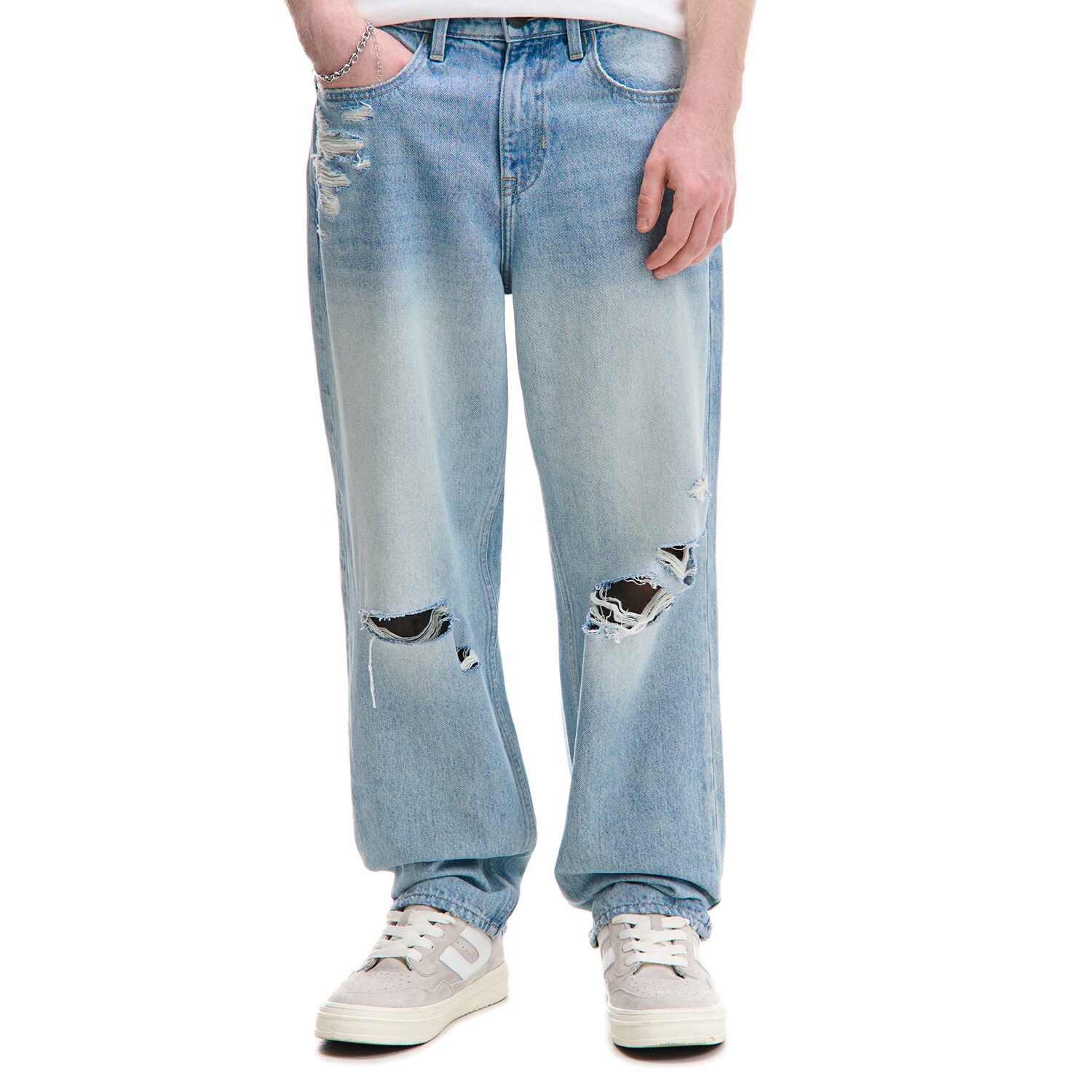 Cropp - Czarne jeansy baggy z przetarciami i dziurami - czarny